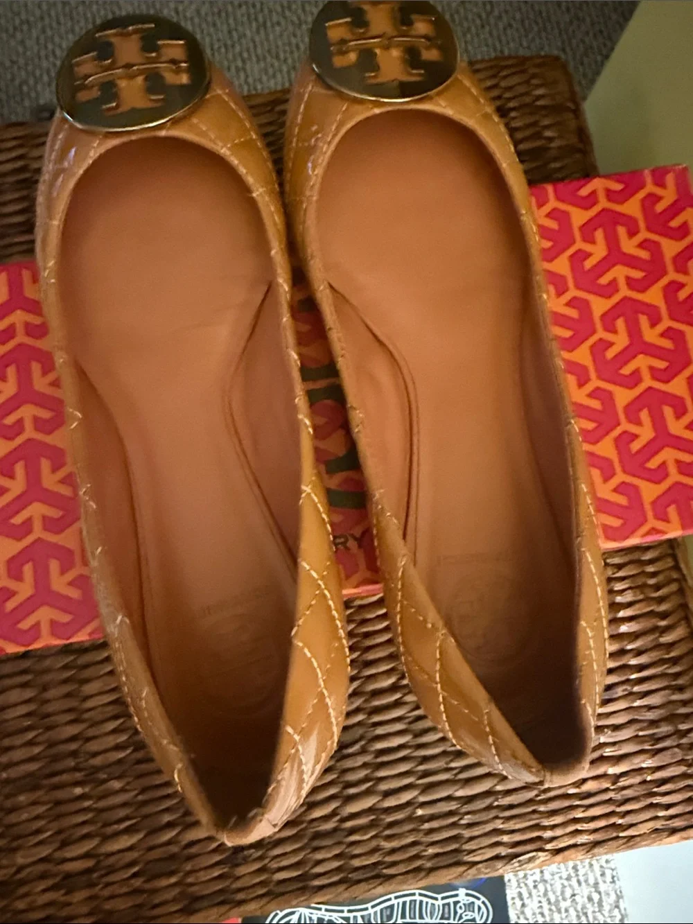 Tory Burch Chestnut Bronze Patent Quilted Logo Ballet Flats